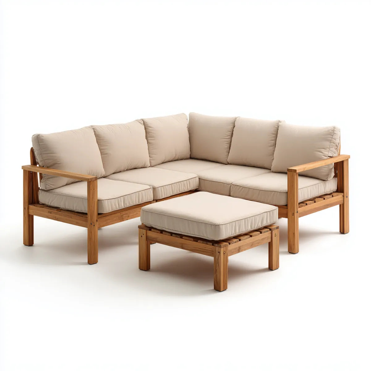 Sofa ogrodowa, Taras salon narożna kanapa zestaw beżowy 200 x 200 cm acacia poliester kształt litery L z stolcem