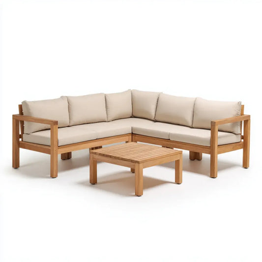 Sofa ogrodowa, 3- częściowy taras salon zestaw beżowy z litego drewna acacia kształt L- 200 x 200 x 75 cm ze stołem kawowym