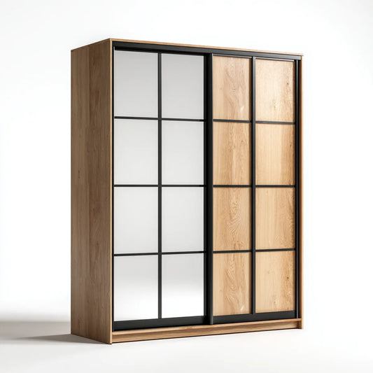 Szafa, Szafka na drzwi przesuwne z dębowym lustrem i czarnym 180 x 60 x 220 cm prostokątnych paneli cząstek