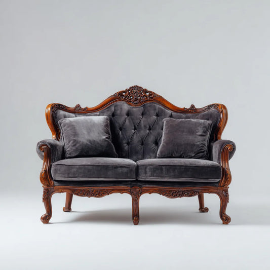 Sofa 2 ciemnoszara poliestrowa aksamitna sofa o kształcie litego drewna 150 x 85 x 115 cm