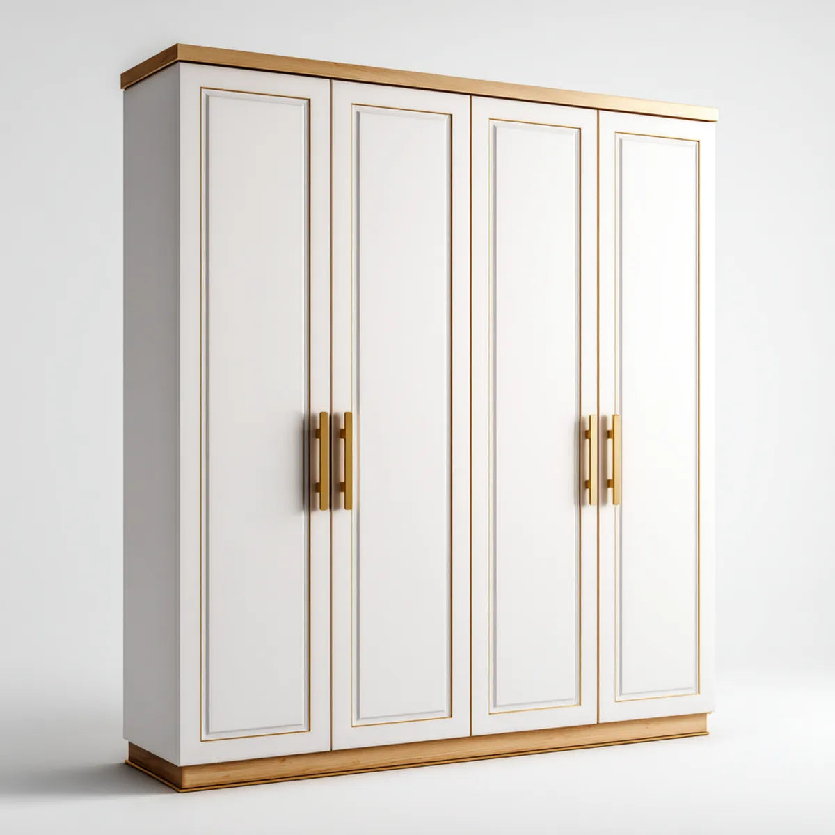 Szafa sypialna 4 drzwi białe i złote 200 x 200 x 60 cm w prostokątnych panelach MDF