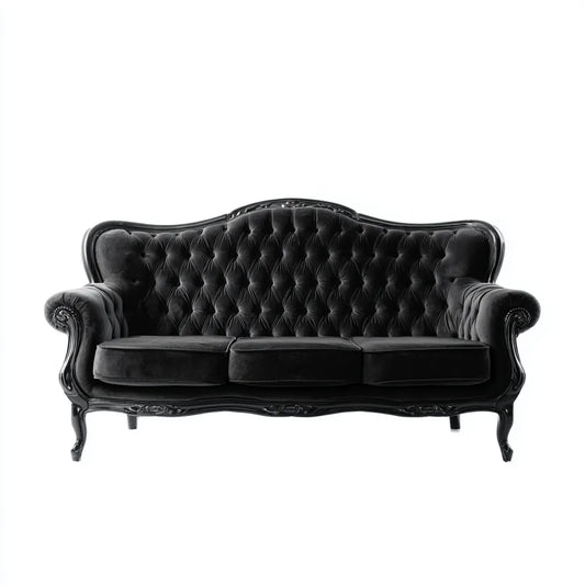 Sofa, 3 fotele czarne poliestrowa aksamitna sofa z tyłu kapitonné 210 x 90 x 110 cm